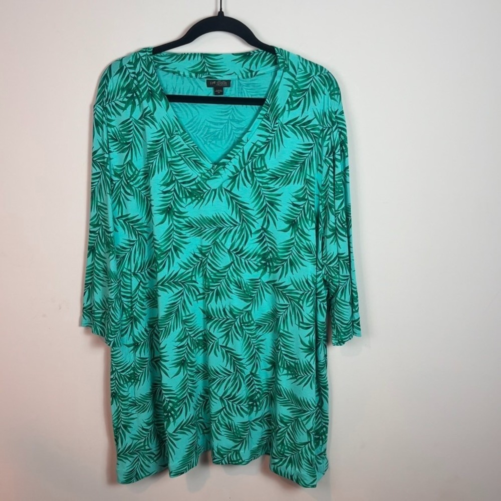 J.Jill Wearever Collection Womens Green Leaf Pattern Stretch Tunic Top 3X